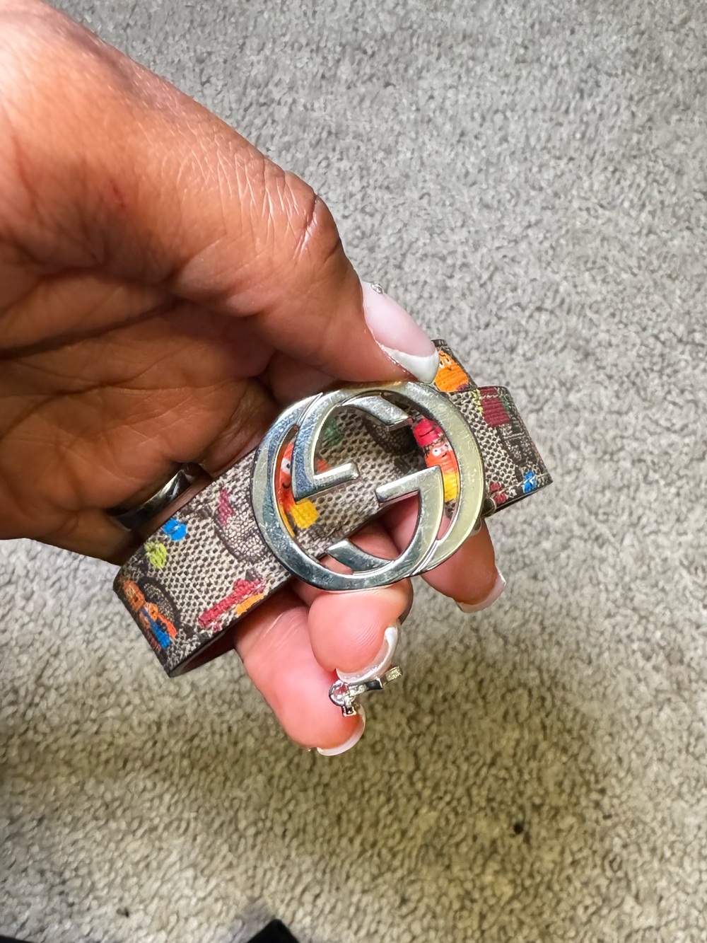 Authentic Gucci Mushroom Print Kids Belt with Silver Double G Buckle